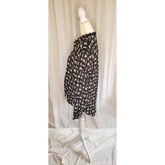 Karl Lagerfeld Paris Black&White Button Up Logo Shirt Large Monochrome Tie Front - Picture 10 of 16